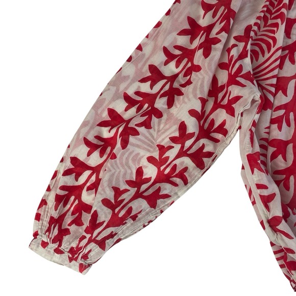 Mango MNG Red Floral Cotton Blouse Coastal Puff Sleeve Top Size 4 - Picture 7 of 10